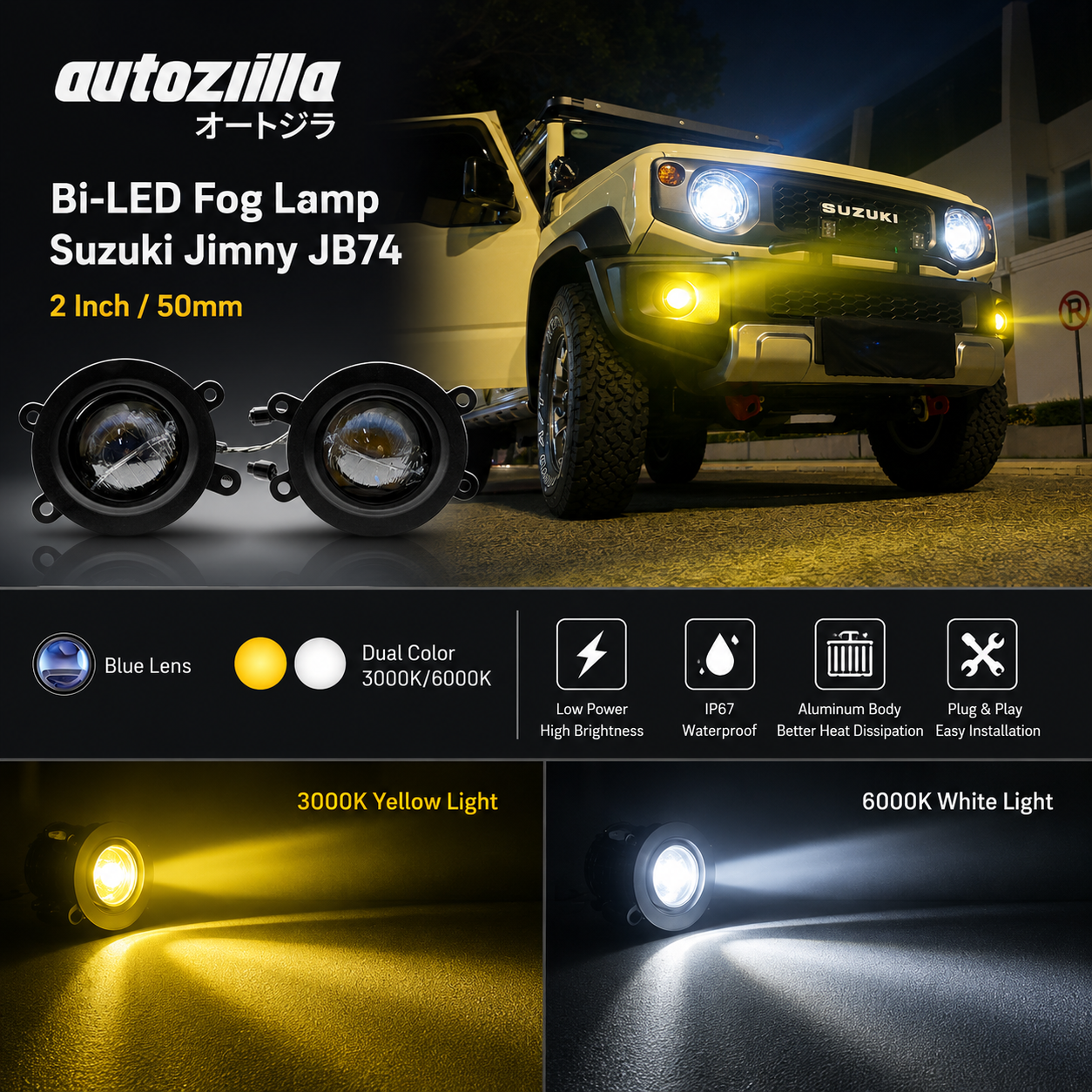 Autozilla Lampu Kabut Suzuki Jimny JB74 Bi-Led Foglamp OEM Dual Color 3000K Putih 6000K Kuning