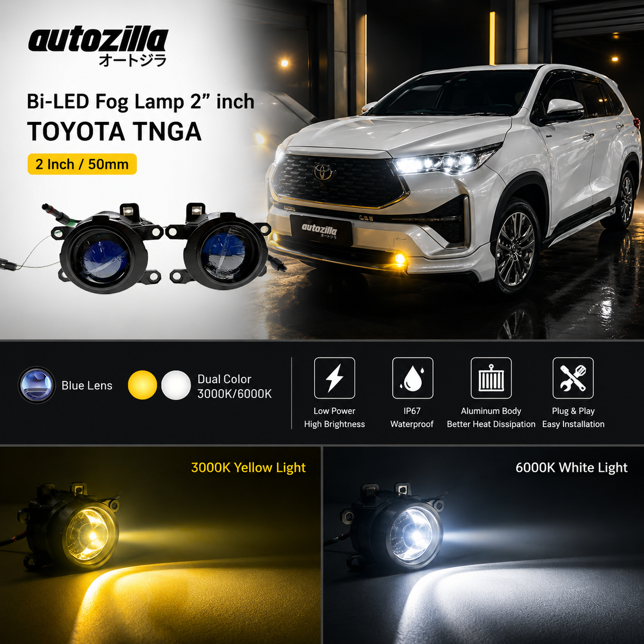 Autozilla Lampu Kabut Toyota TNGA Bi-Led Foglamp 2 inch OEM Dual Color 3000K Putih 6000K Kuning