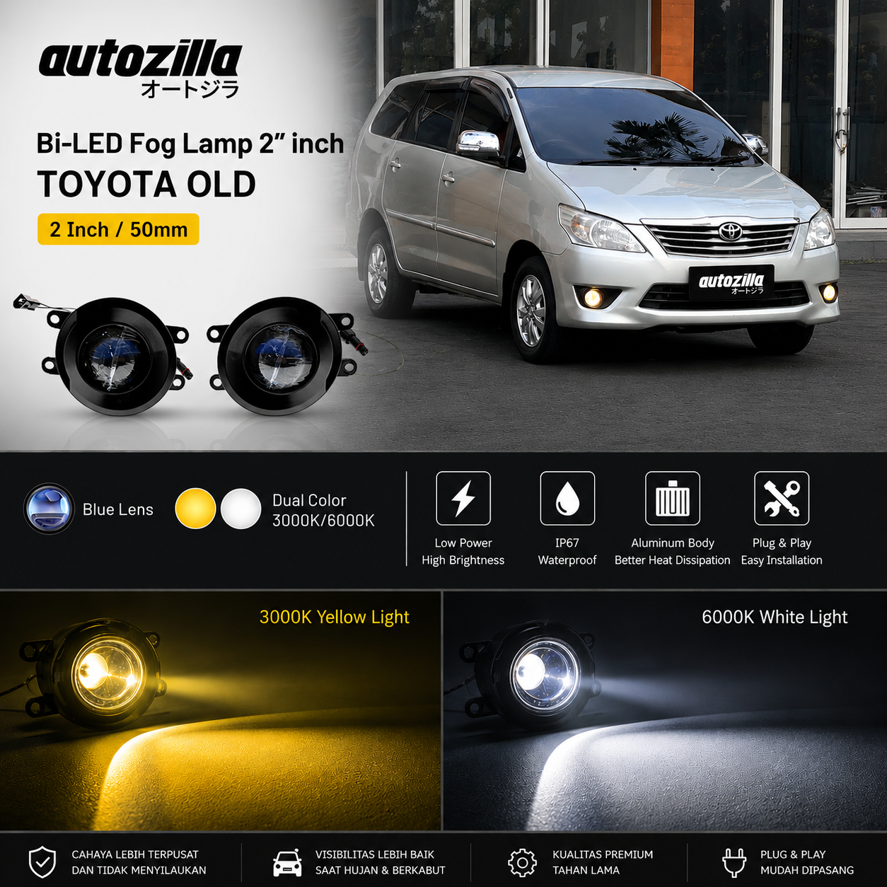 Autozilla Lampu Kabut Toyota OLD Bi-Led Foglamp 2 inch OEM Dual Color 3000K Putih 6000K Kuning