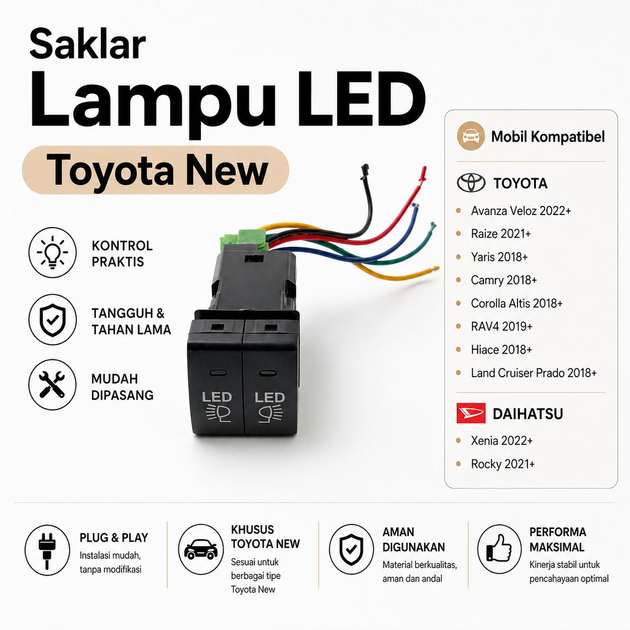 Saklar Foglamp Switch 2 Tombol Lampu Kabut Toyota Innova Zenix/Avanza/Veloz/Raize/Rocky/Voxy/New Hilux/Yaris – Toyota New TNGA Kotak Saklar 2 Mode
