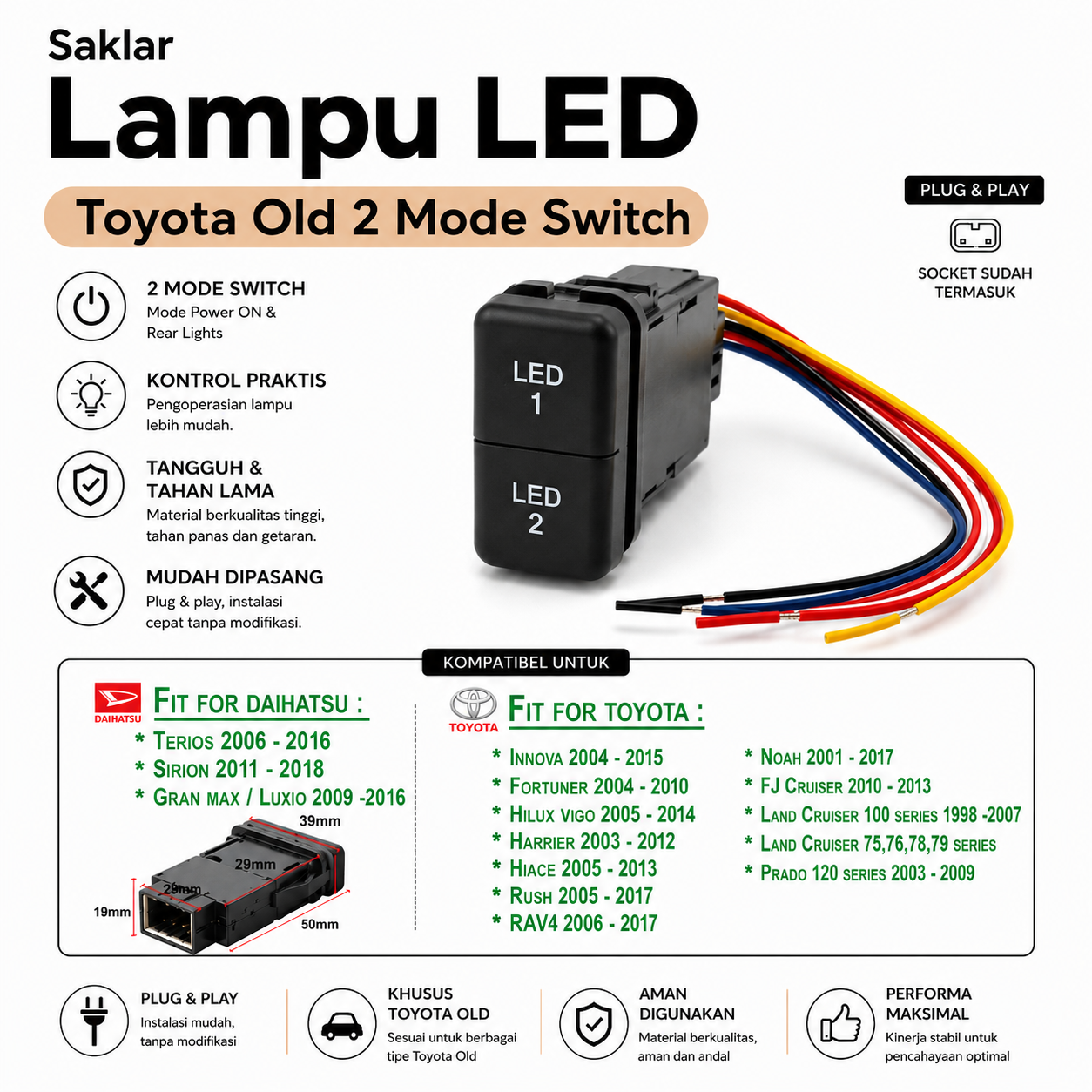 Saklar Foglamp Switch 2 Tombol Toyota Daihatsu Avanza Xenia Innova Fortuner Hilux Rush Terios – Switch Lampu Kabut Toyota Daihatsu Old