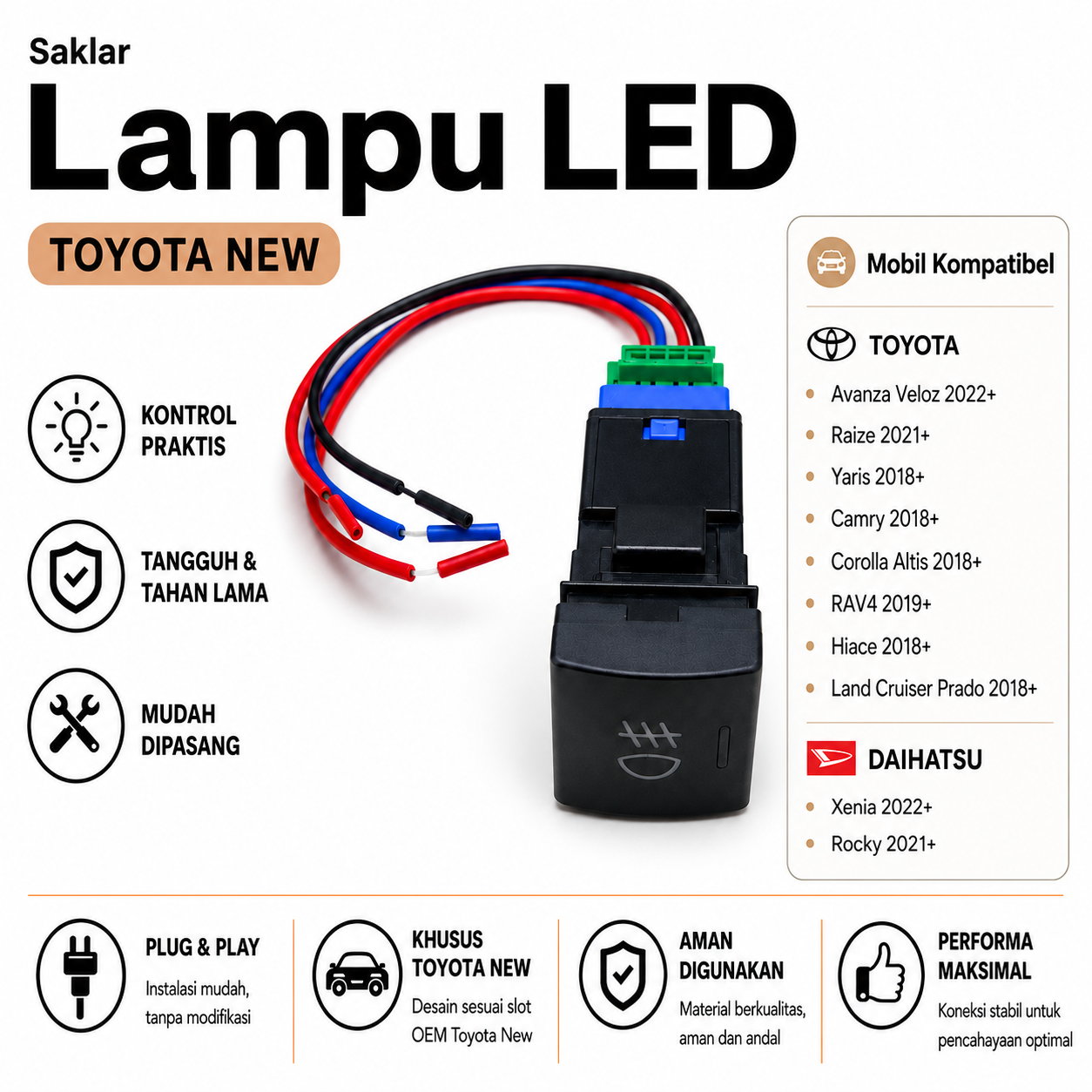 Saklar Foglamp Switch Tombol Lampu Kabut Toyota Innova Zenix/Avanza/Veloz/Raize/Rocky/Voxy/New Hilux/Yaris – Toyota New TNGA Kotak Saklar 1 Mode Push On OFF