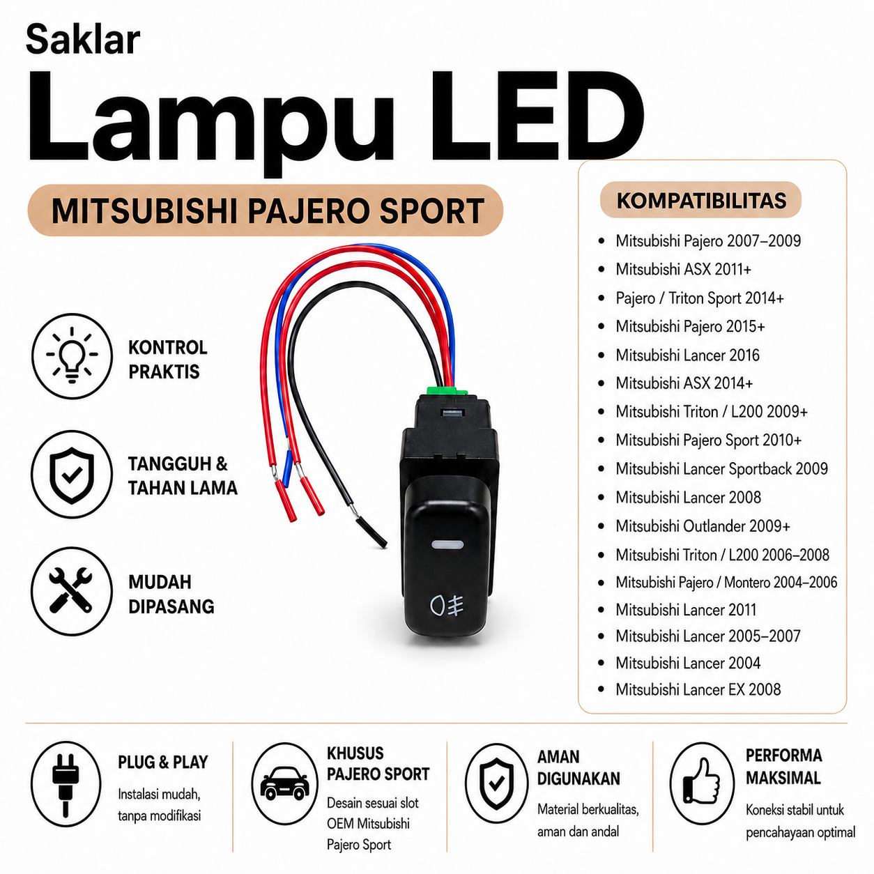 Saklar Foglamp Mitsubishi Outlander Pajero Sport Triton Lancer | Switch Lampu Kabut Push ON/OFF 1 Mode